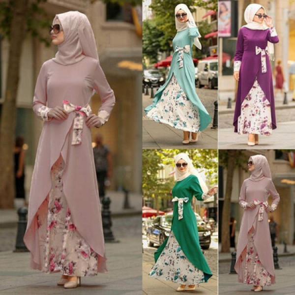 Muslim Women's Printed Fake Two-Piece Long Skirt